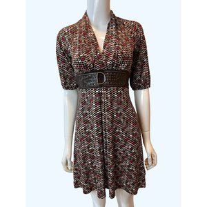 Candies Women Sheath Mini Dress Belt Waist Geometric Half Sleeve Pink Brown Sz S